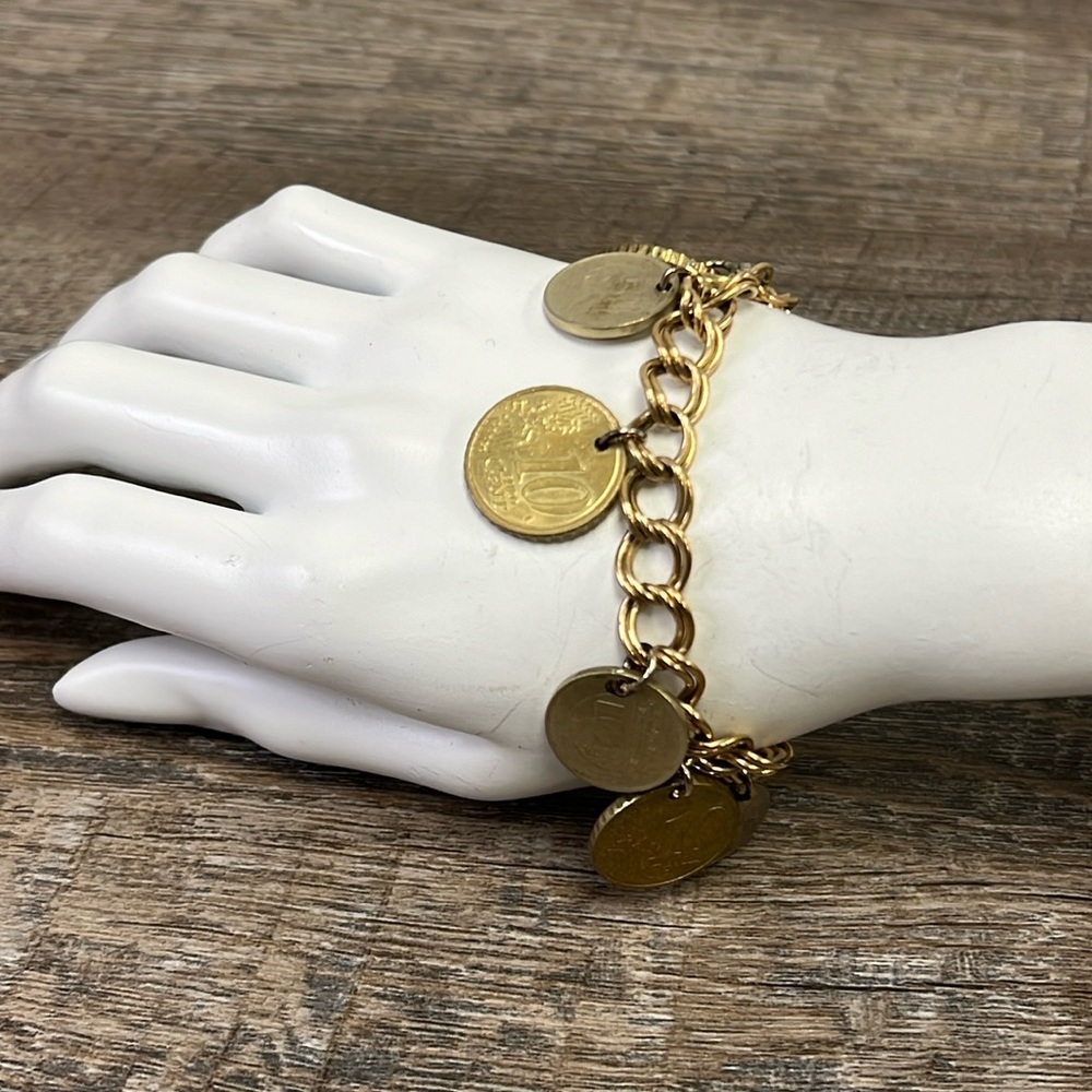 Estate Antique 7” Foreign Coin Charm Bracelet 925 Italy